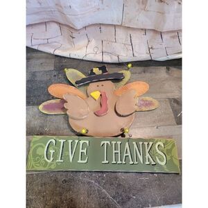 Pilgrim turkey give thanks sign decor fall